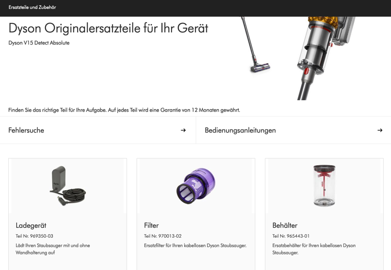 Screenshot von Dyson Online-Shop Ersatzteile Seite